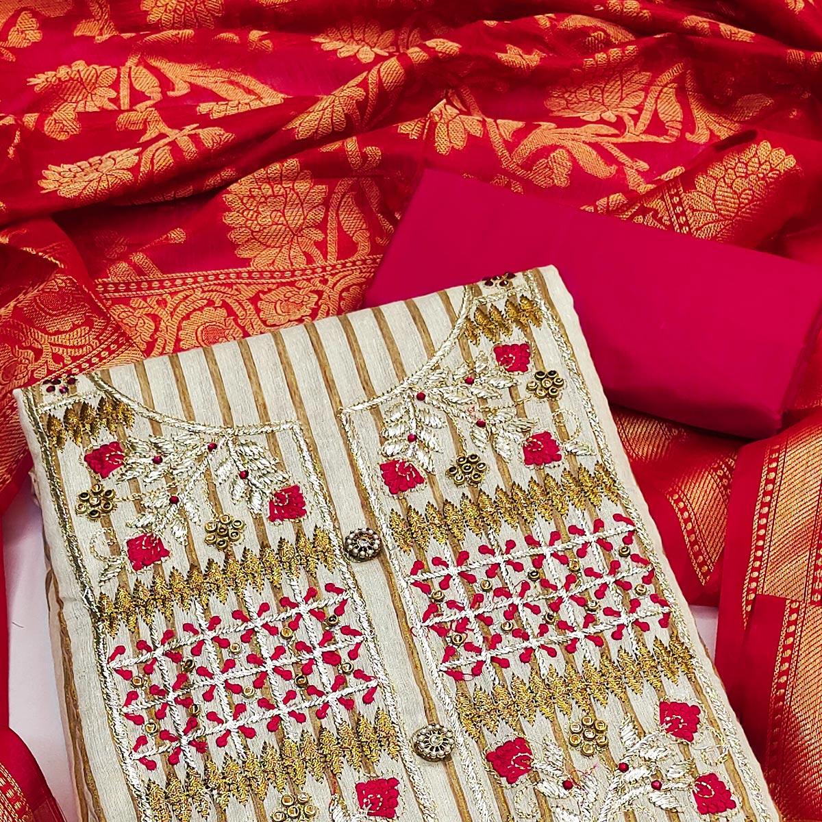 Cream-Pink Embroidered Cotton Blend Dress Material