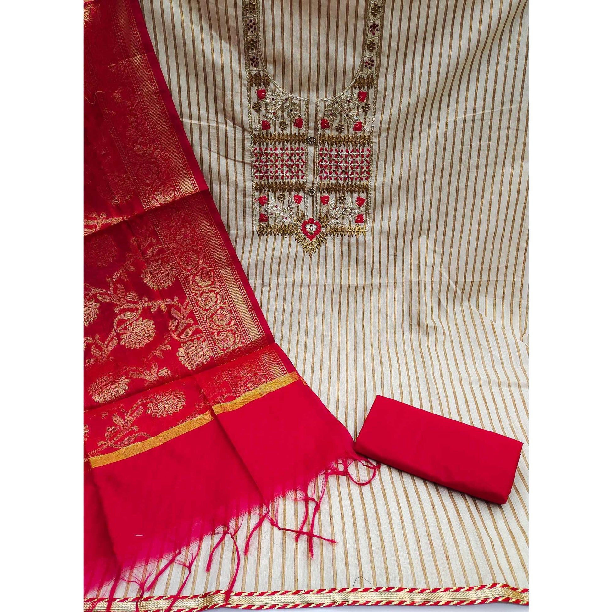 Cream-Pink Embroidered Cotton Blend Dress Material