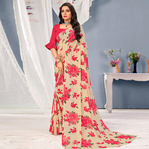 Cream-Pink Floral Printed Georgette Saree