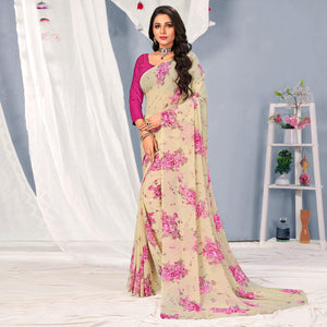 Cream-Pink Floral Printed Georgette Saree