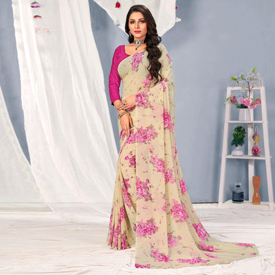 Cream-Pink Floral Printed Georgette Saree