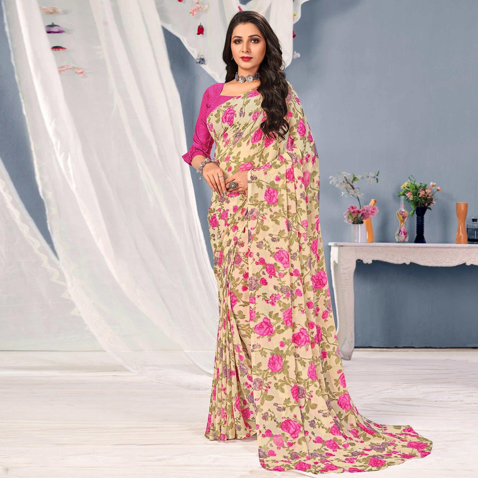 Cream-Pink Floral Printed Georgette Saree