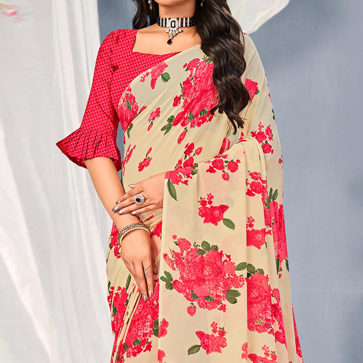 Cream-Pink Floral Printed Georgette Saree