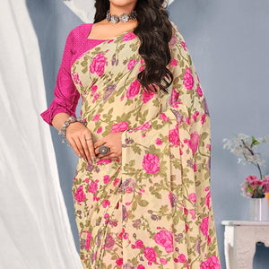 Cream-Pink Floral Printed Georgette Saree