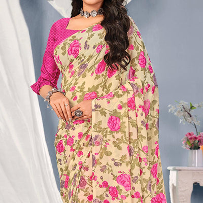Cream-Pink Floral Printed Georgette Saree