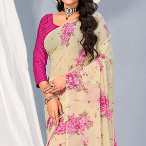 Cream-Pink Floral Printed Georgette Saree