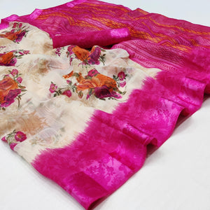Cream-Pink Floral Printed Linen Saree