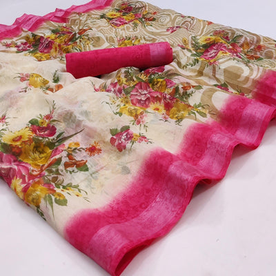 Cream-Pink Floral Printed Linen Saree