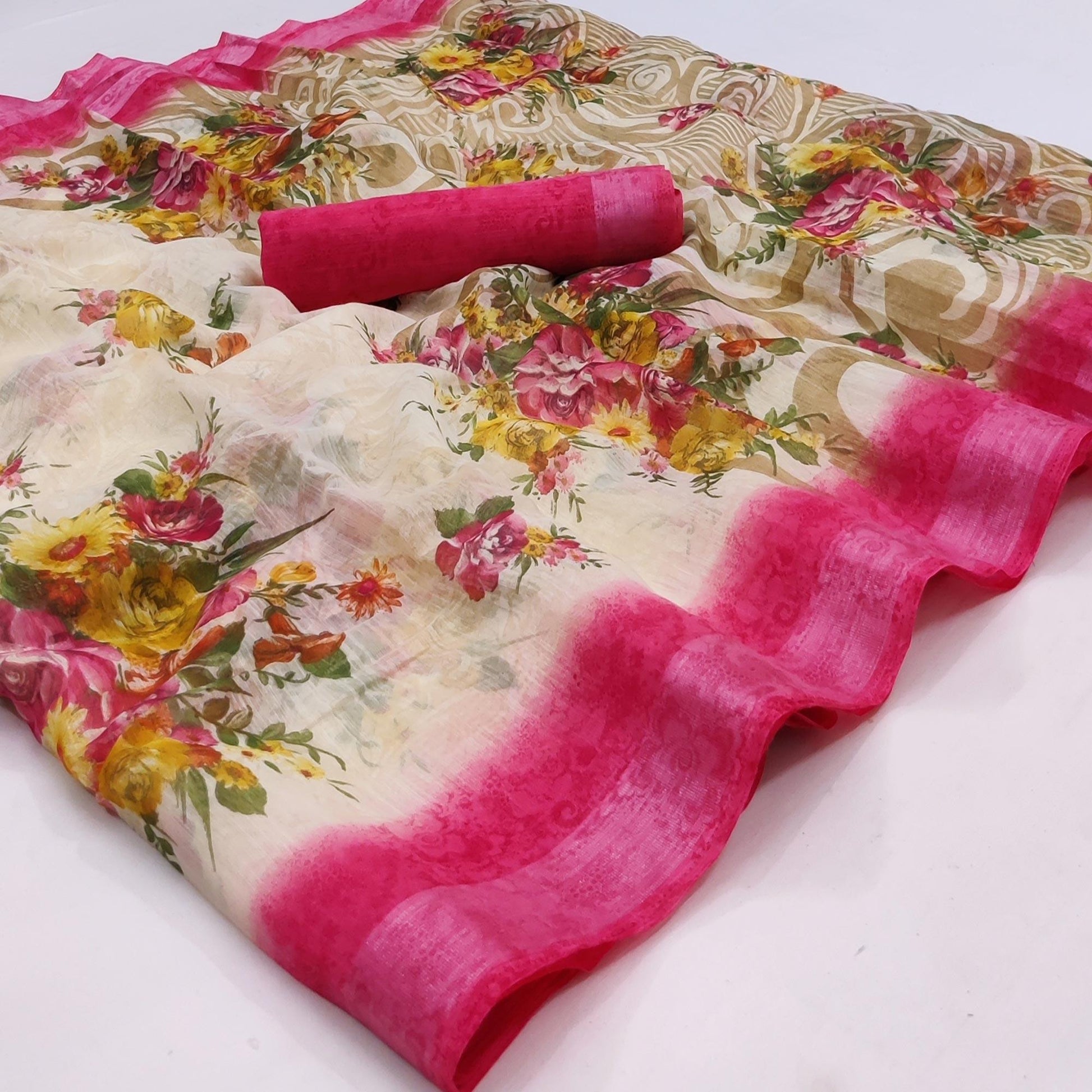 Cream-Pink Floral Printed Linen Saree