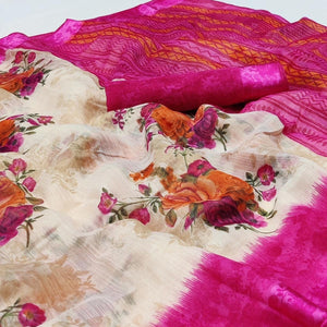 Cream-Pink Floral Printed Linen Saree