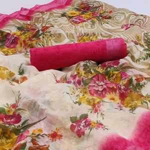 Cream-Pink Floral Printed Linen Saree