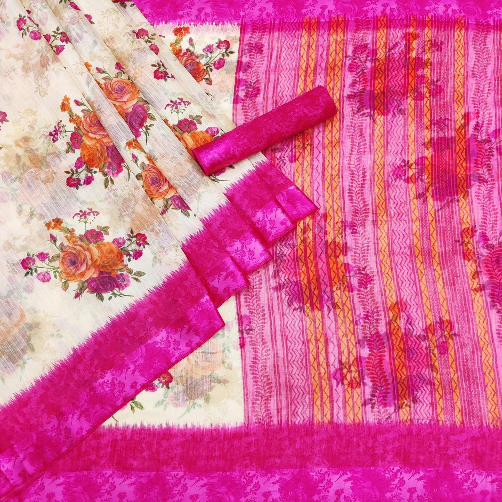 Cream-Pink Floral Printed Linen Saree