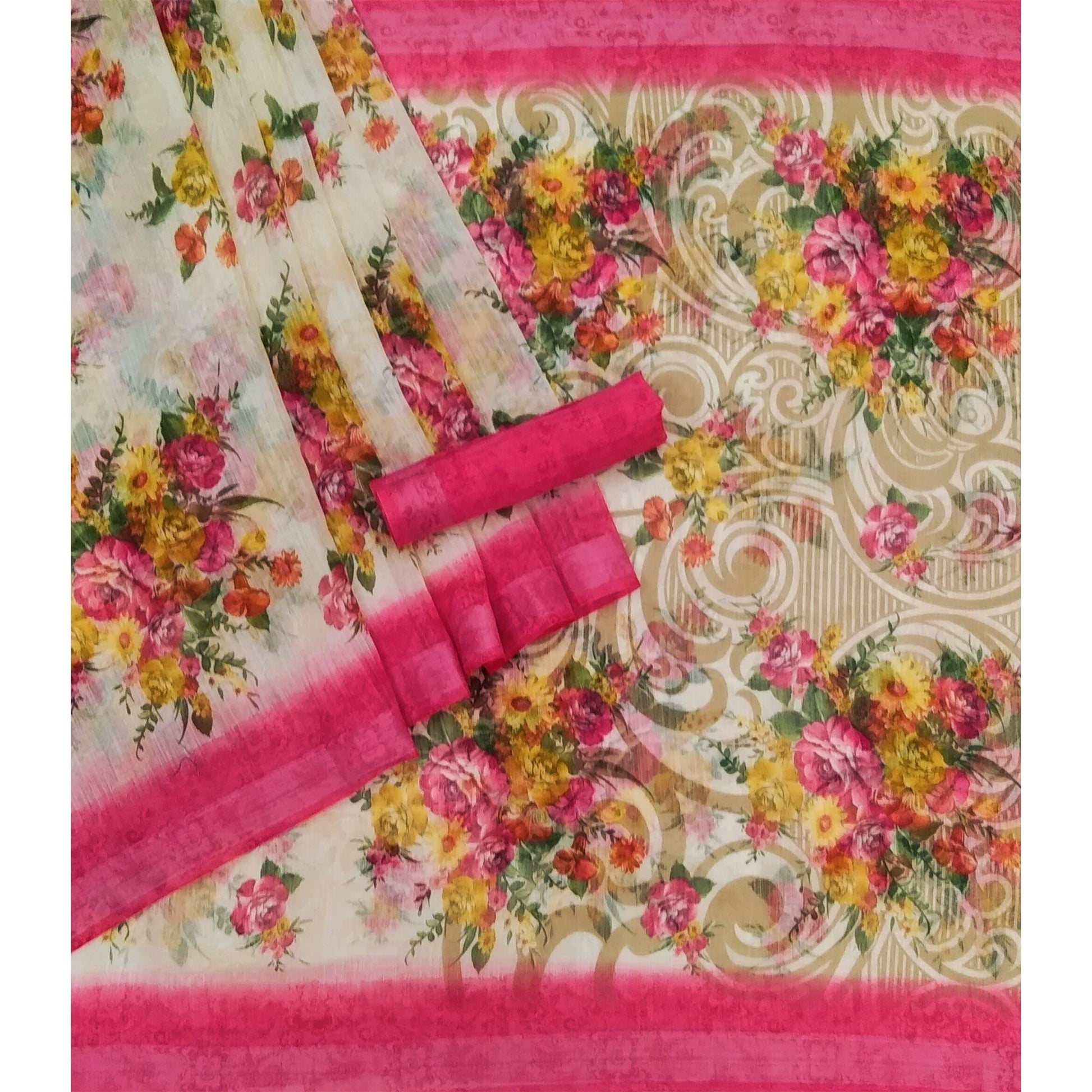 Cream-Pink Floral Printed Linen Saree