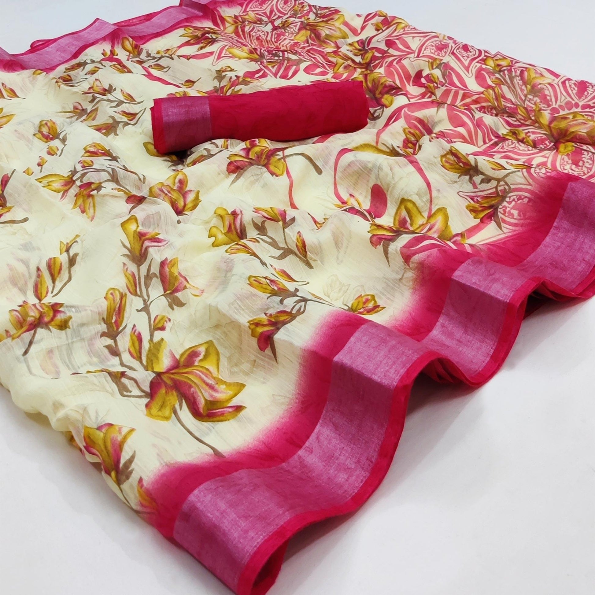 Cream-Pink Printed Linen Saree