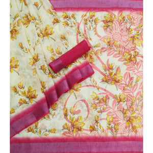Cream-Pink Printed Linen Saree