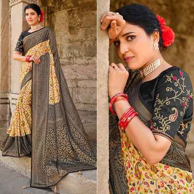 Cream Printed Art Silk Saree With Tassels