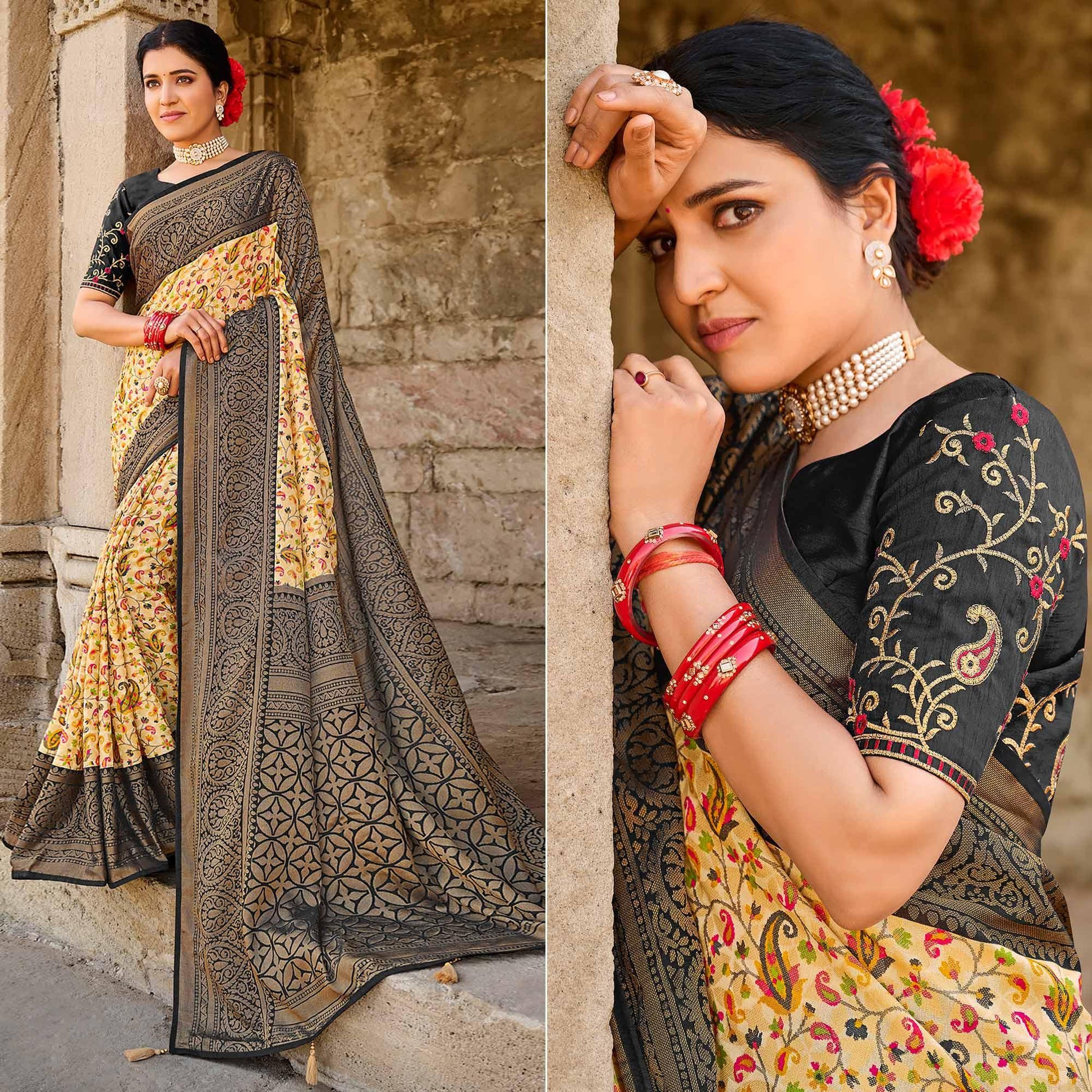 Cream Printed Art Silk Saree With Tassels