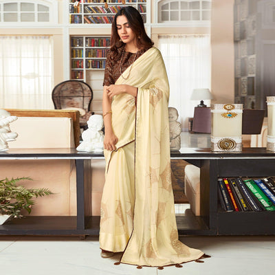 Cream Printed Art Silk Saree With Tassels