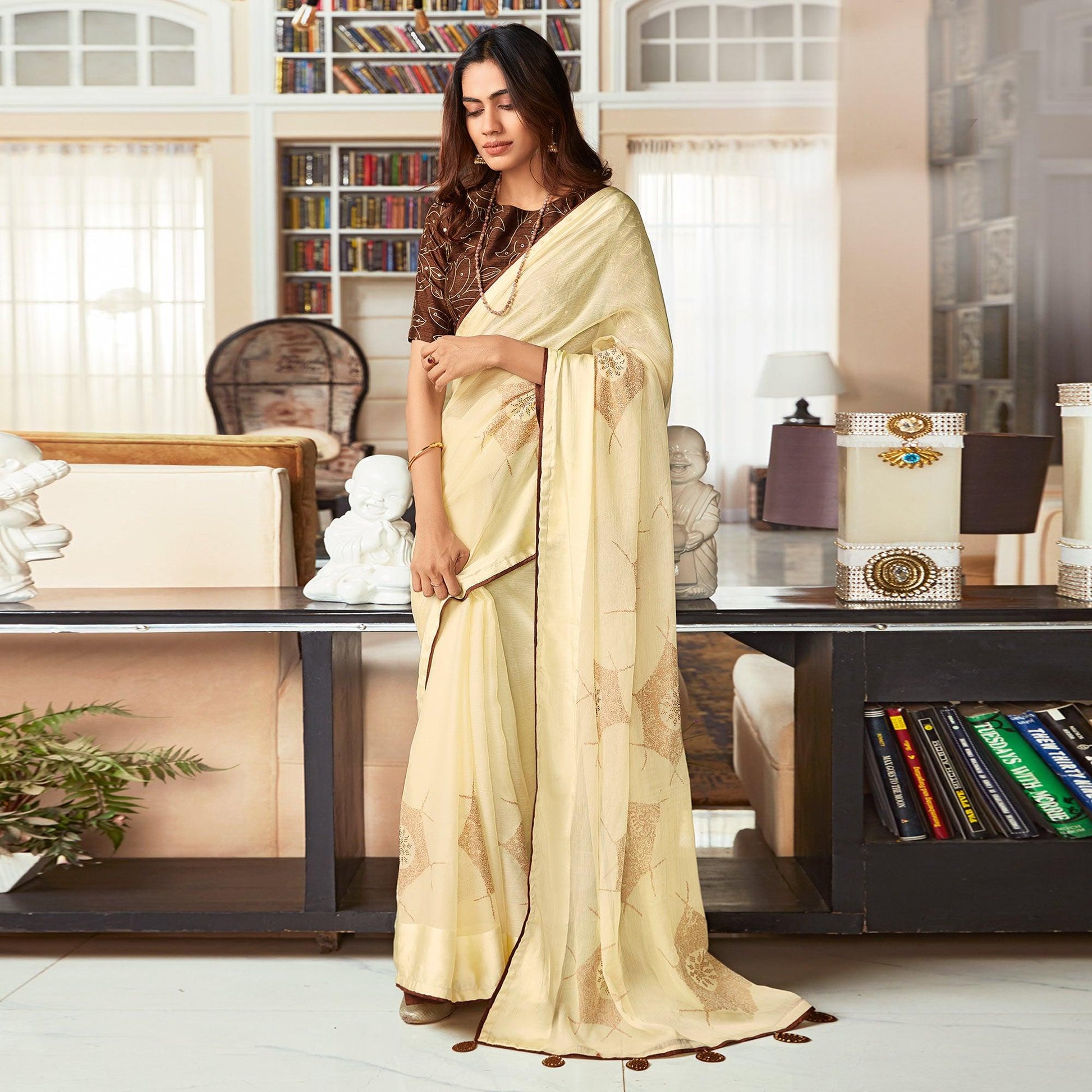 Cream Printed Art Silk Saree With Tassels