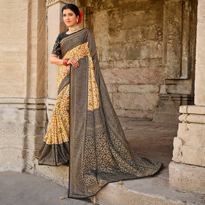 Cream Printed Art Silk Saree With Tassels