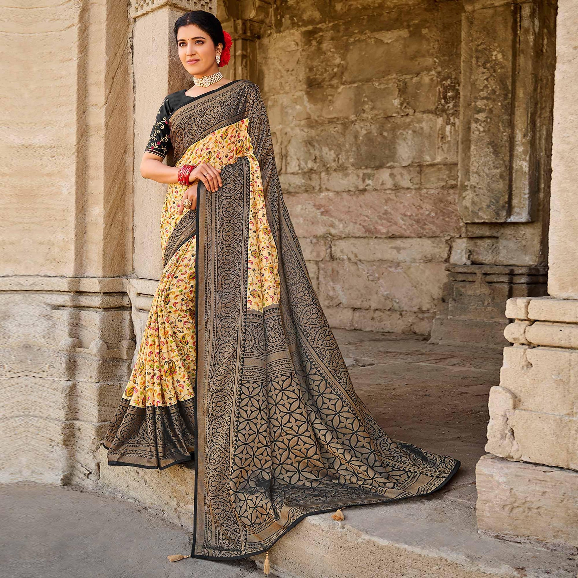 Cream Printed Art Silk Saree With Tassels