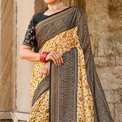 Cream Printed Art Silk Saree With Tassels