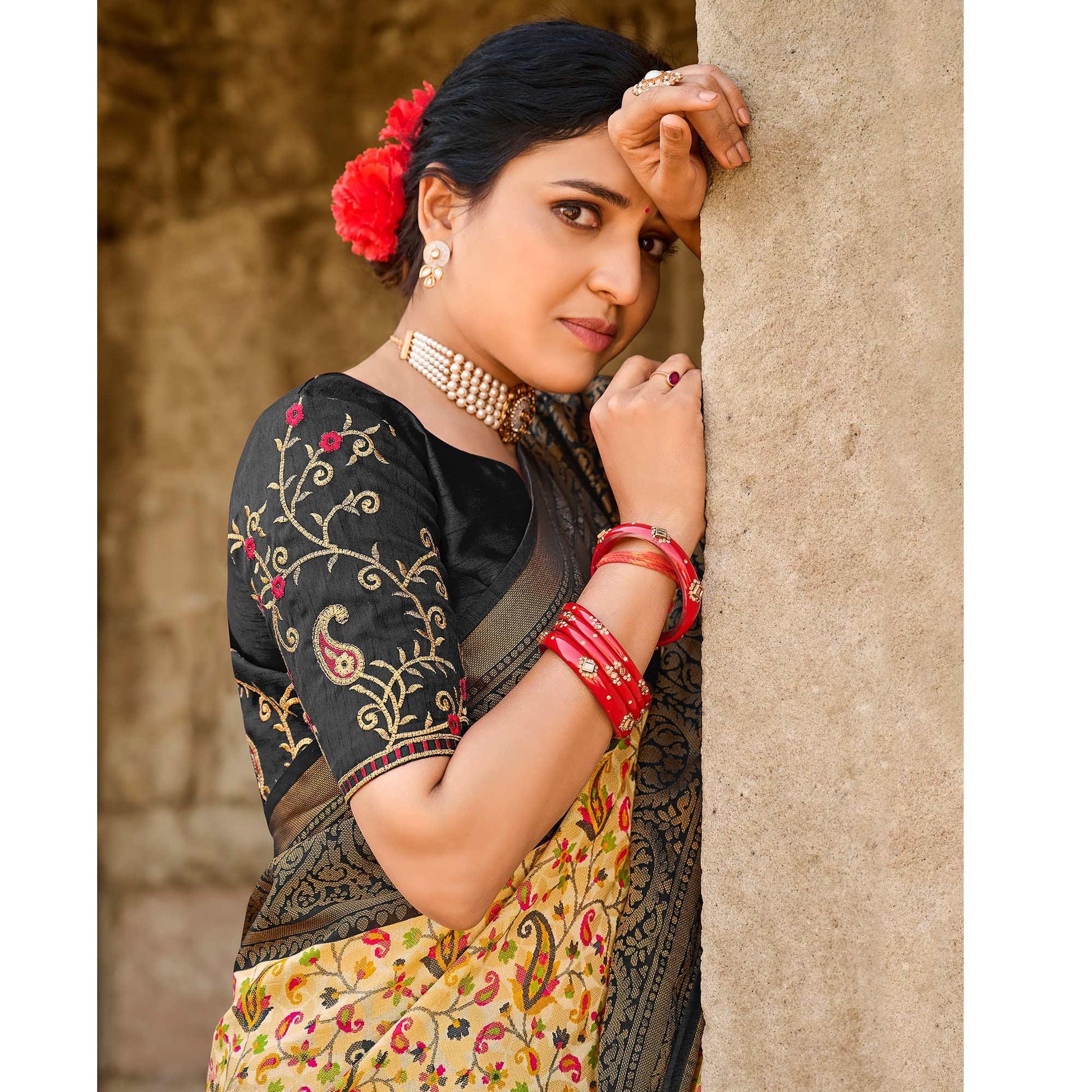 Cream Printed Art Silk Saree With Tassels