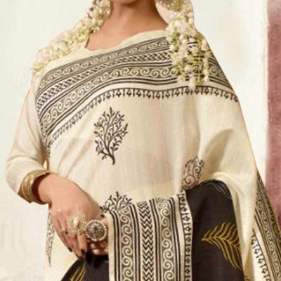 Cream Printed Bhagalpuri Silk Saree