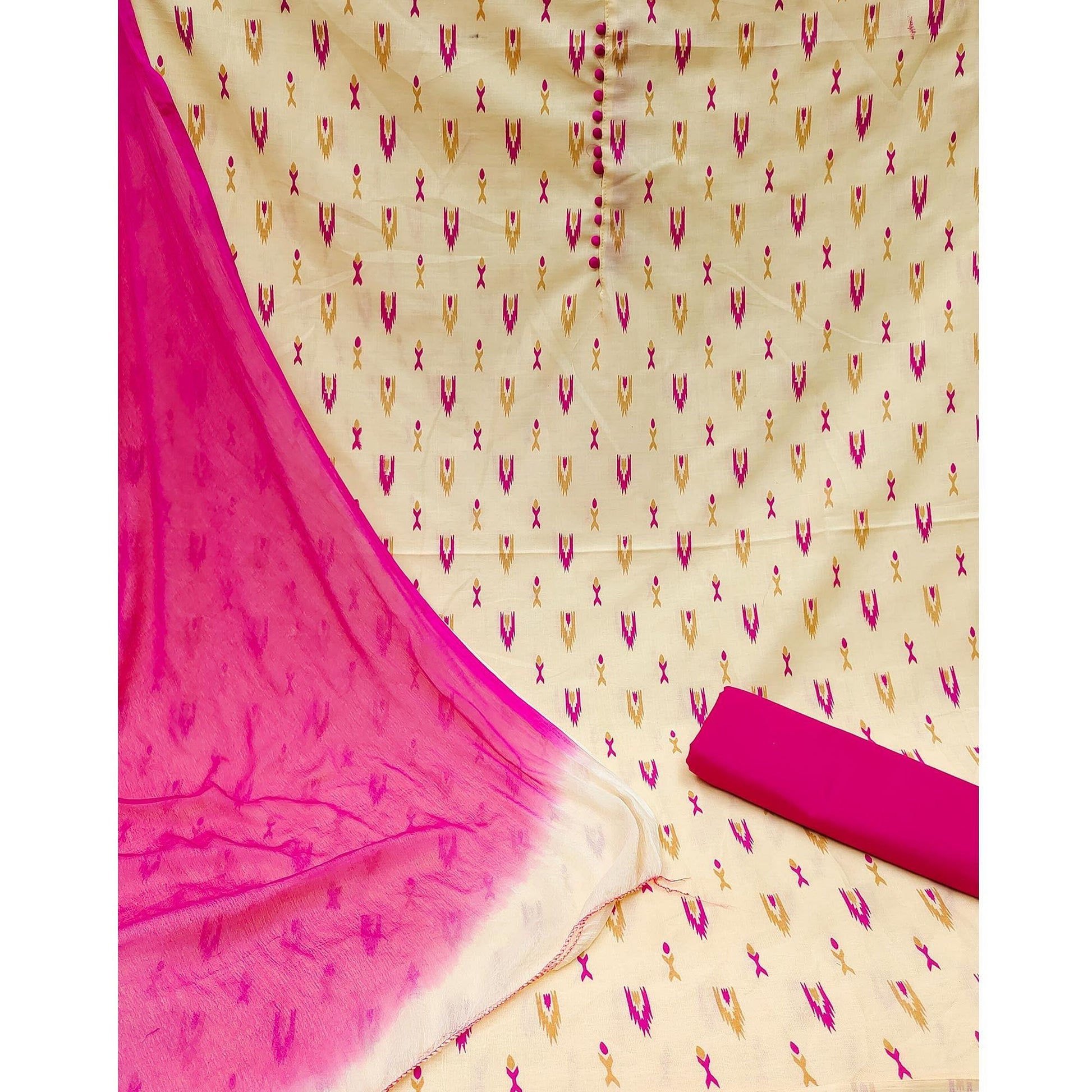 Cream Printed Cotton Dress Material
