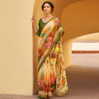 Cream Printed Georgette Saree