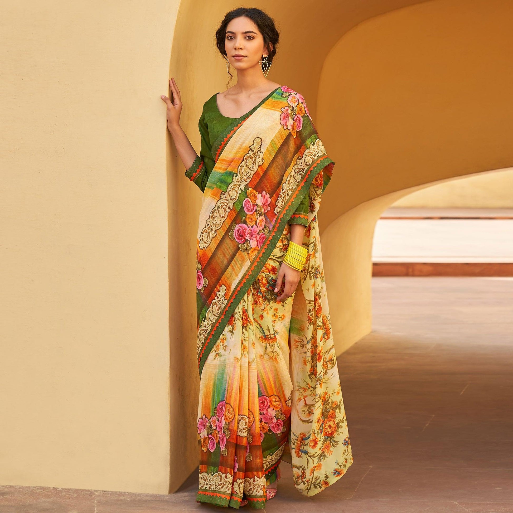 Cream Printed Georgette Saree