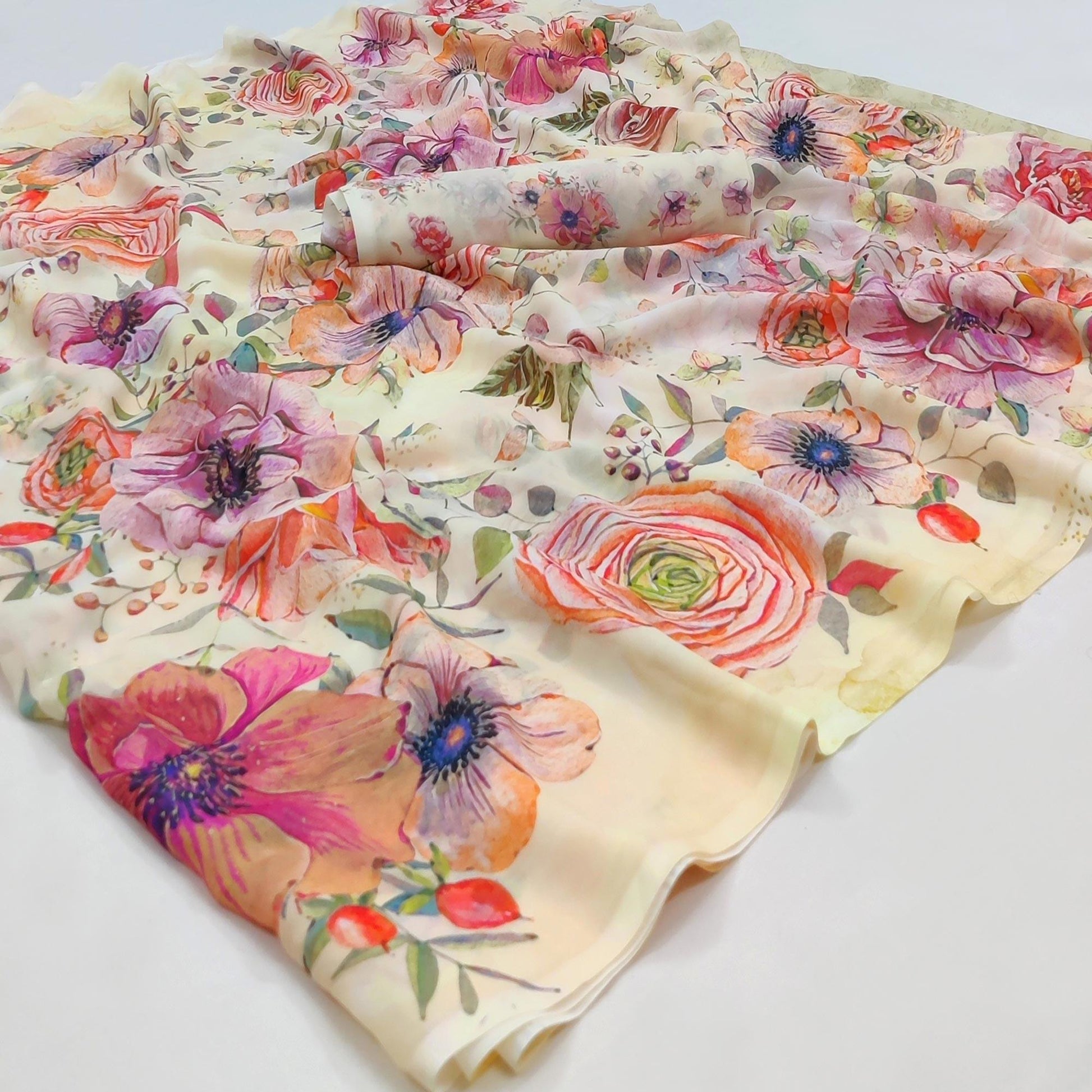 Cream Printed Georgette Saree