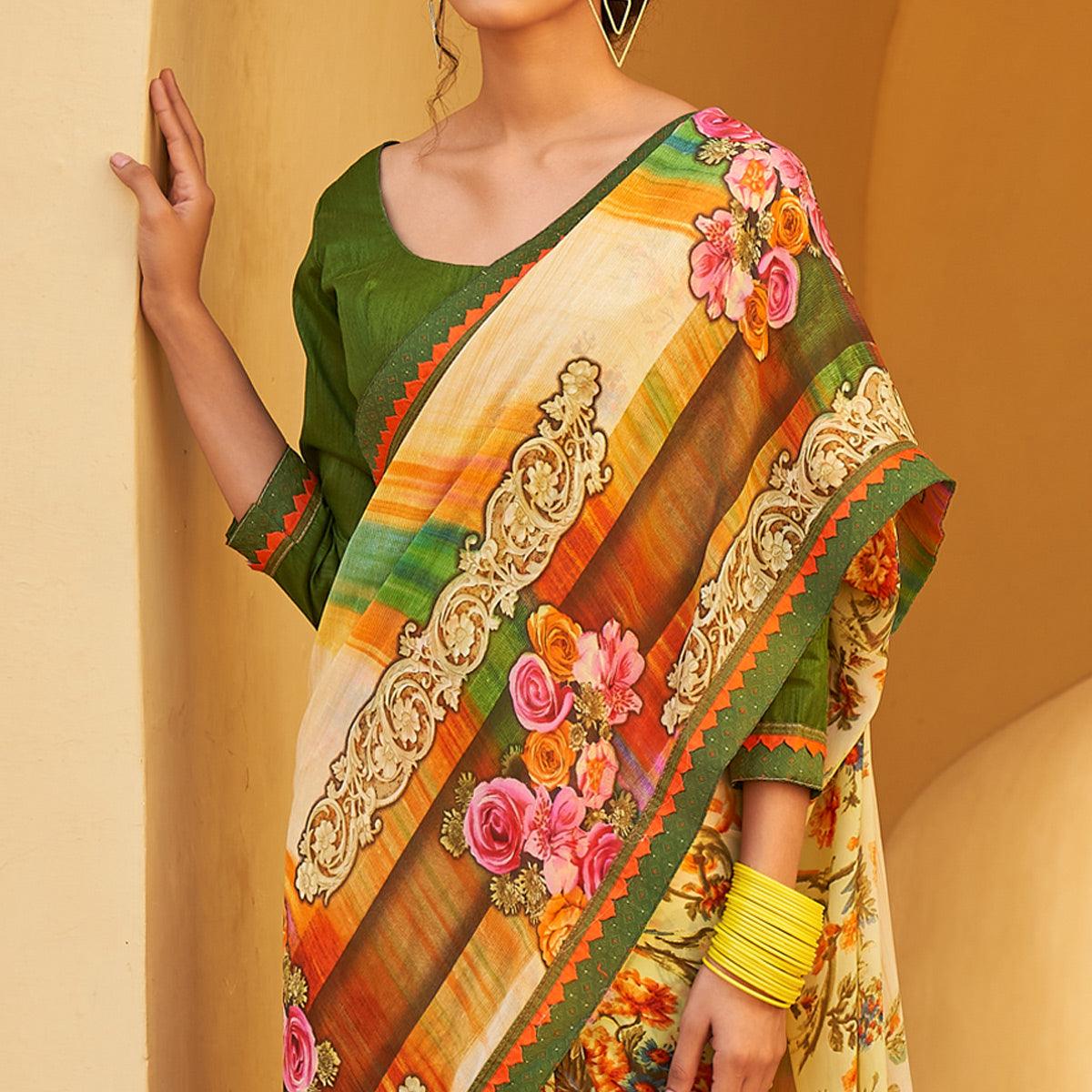 Cream Printed Georgette Saree