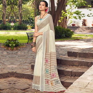 Cream Printed Linen Saree