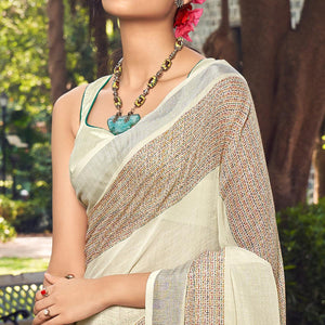 Cream Printed Linen Saree