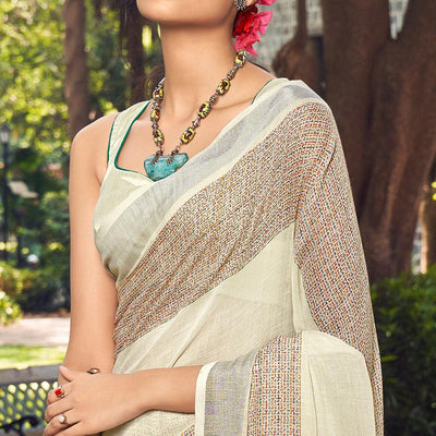 Cream Printed Linen Saree