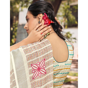 Cream Printed Linen Saree