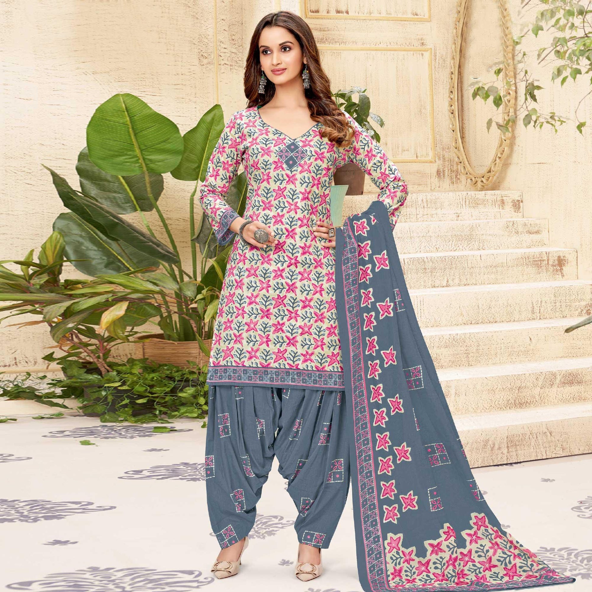 Cream Printed Pure Cotton Patiala Dress Material