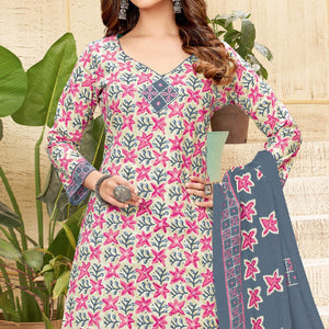 Cream Printed Pure Cotton Patiala Dress Material