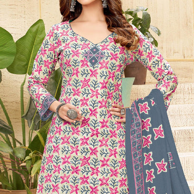 Cream Printed Pure Cotton Patiala Dress Material