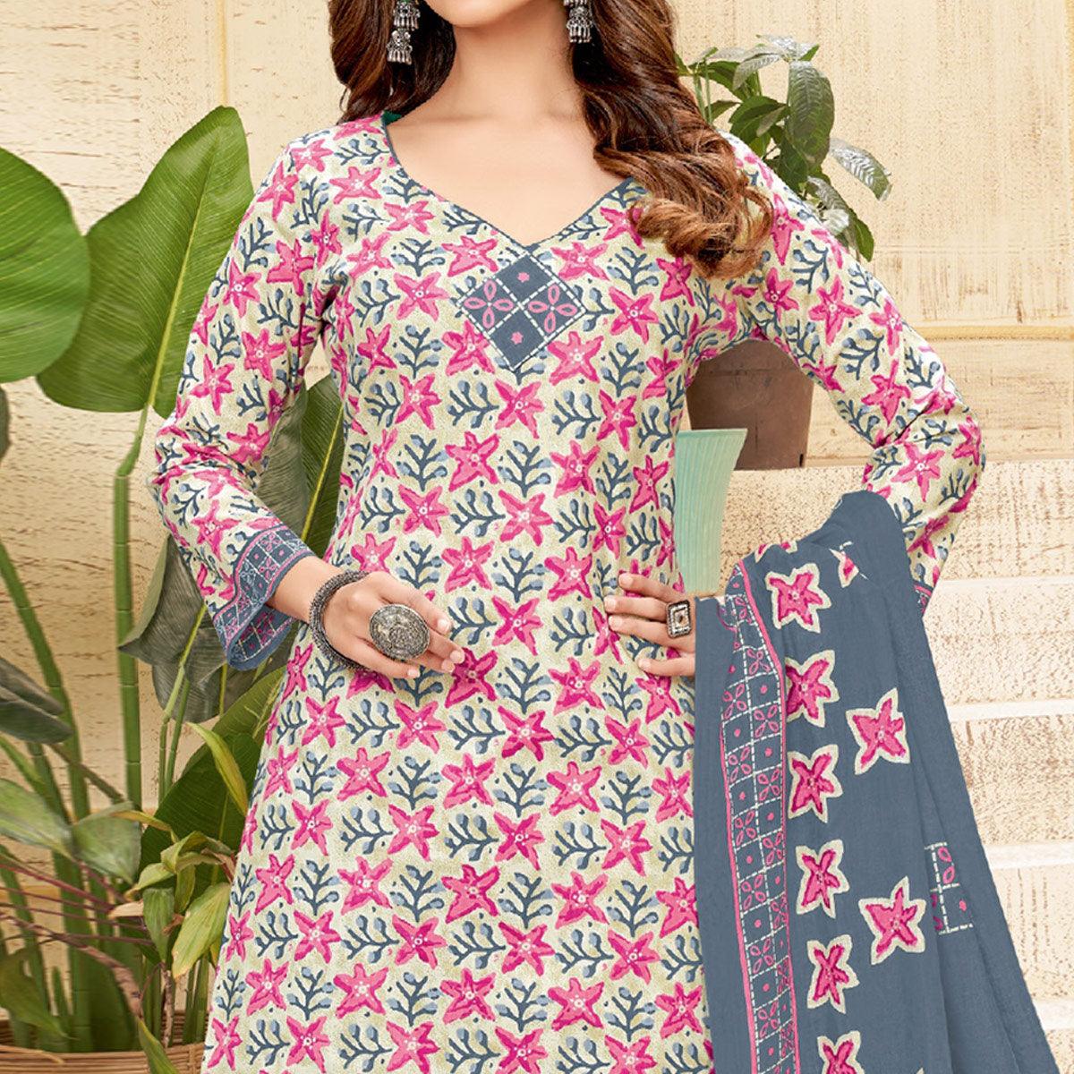 Cream Printed Pure Cotton Patiala Dress Material