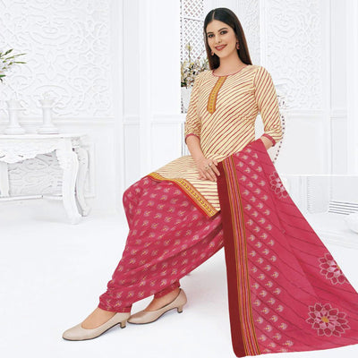 Cream Printed Pure Cotton Stitched Patiala Suit