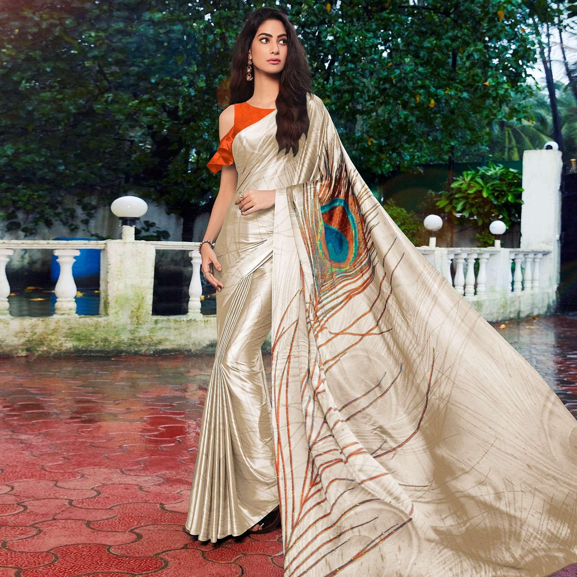 Cream Printed Pure Silk Saree