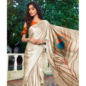 Cream Printed Pure Silk Saree
