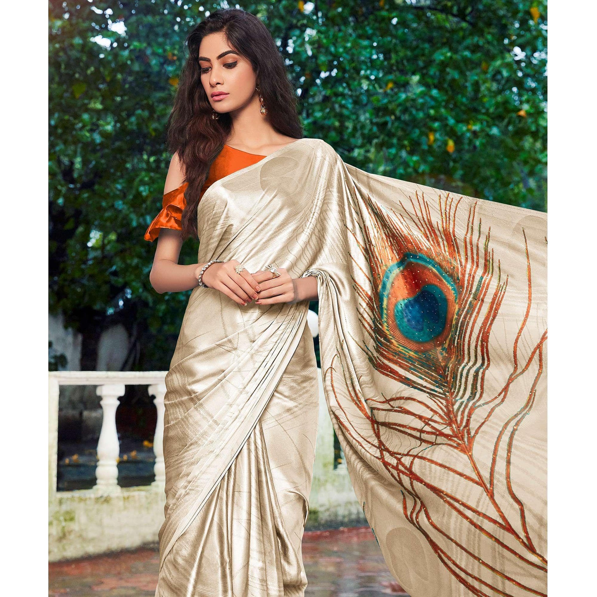 Cream Printed Pure Silk Saree