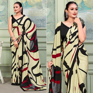 Cream Printed Raw Silk Saree