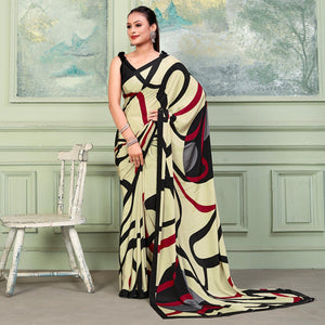 Cream Printed Raw Silk Saree