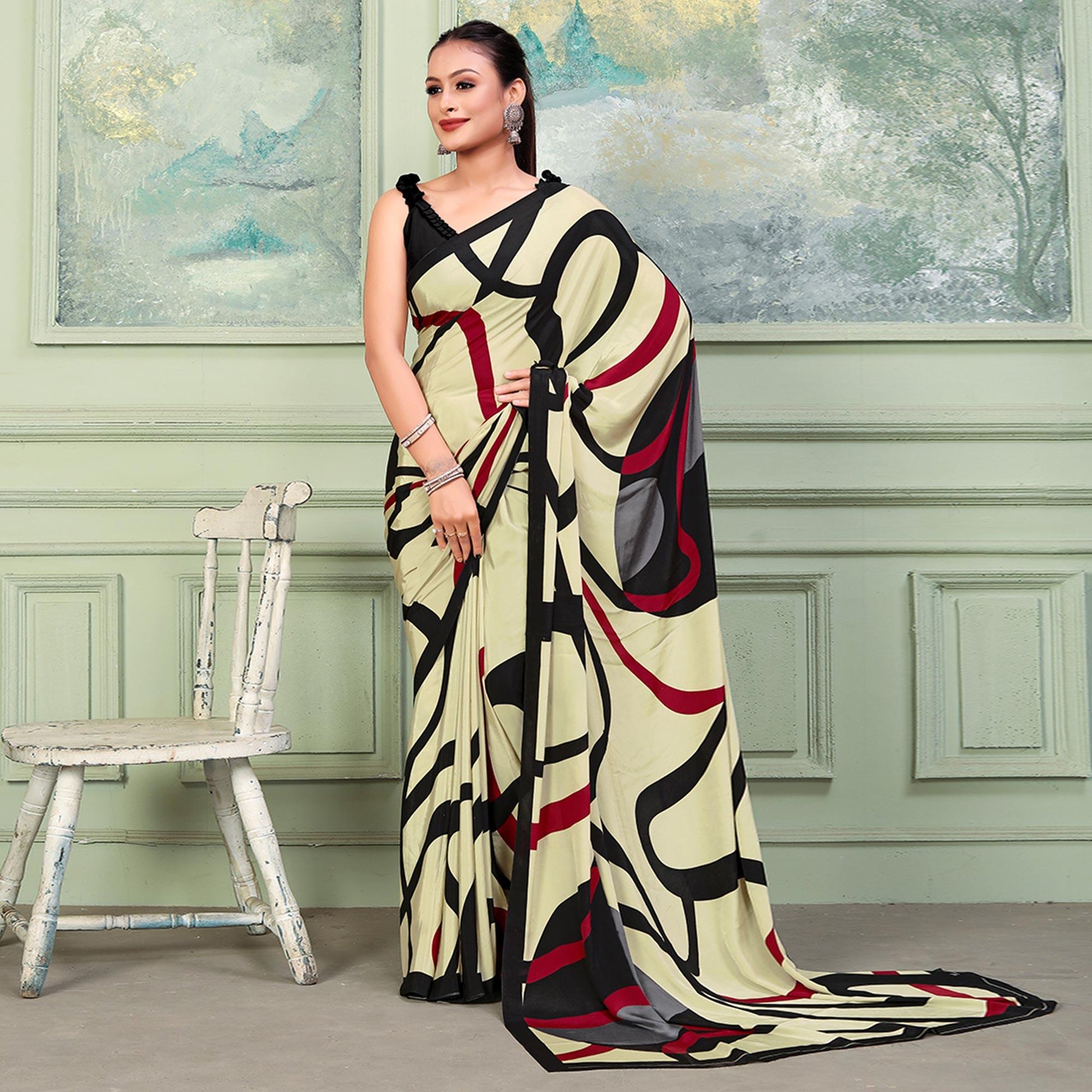 Cream Printed Raw Silk Saree