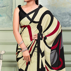 Cream Printed Raw Silk Saree
