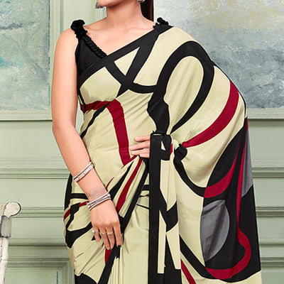 Cream Printed Raw Silk Saree